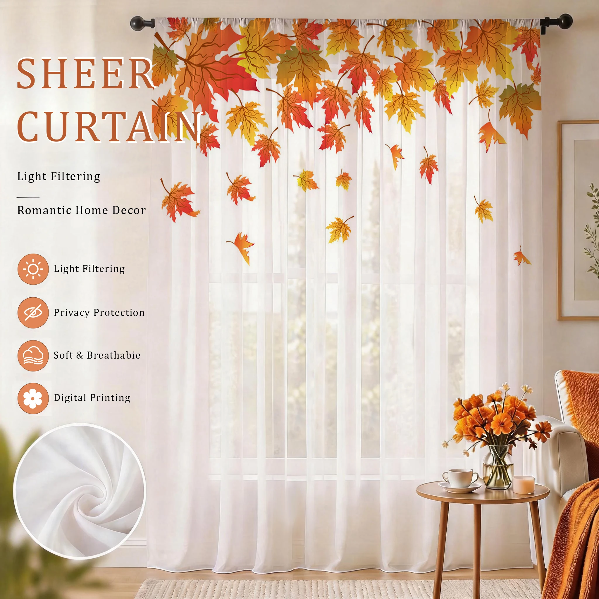 Curtain Sheer Voile - Zasłona woalowa z motywem liścia klonowego,