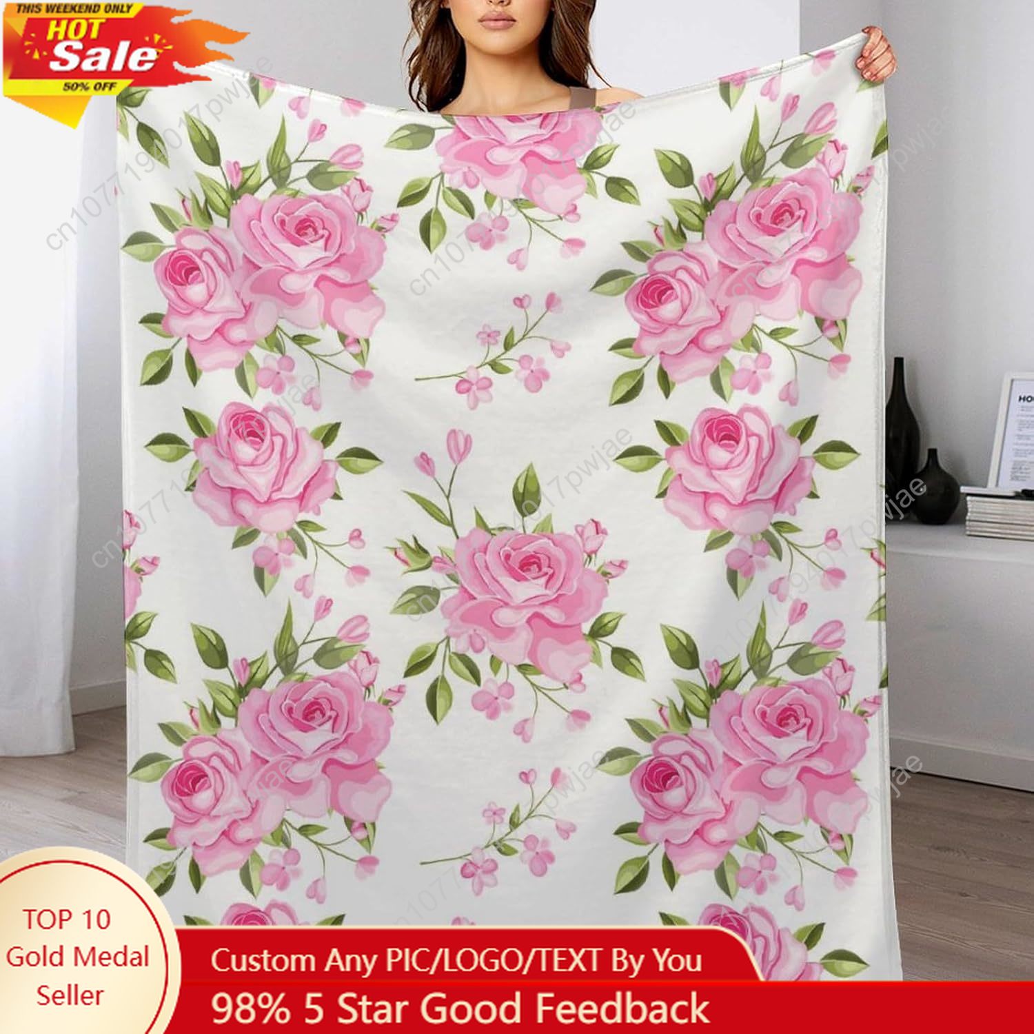 Home Textiles & Furnishings - Różowy koc z kwiatowym wzorem, dekoracja